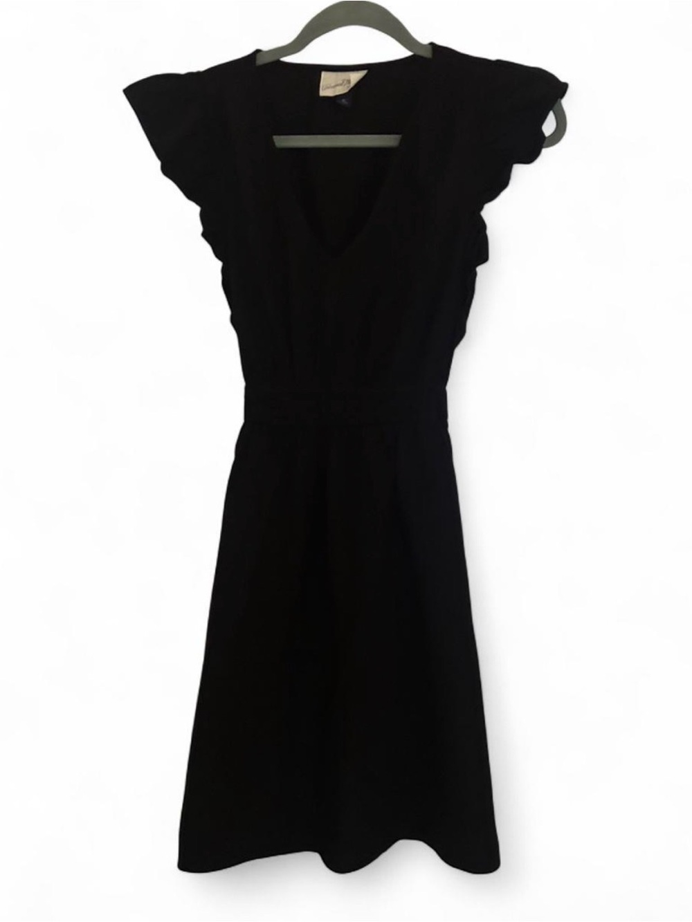 Universal Thread Black Solid Ruffle Flutter Sleeve V-Neck Fit & Flare Dress XS